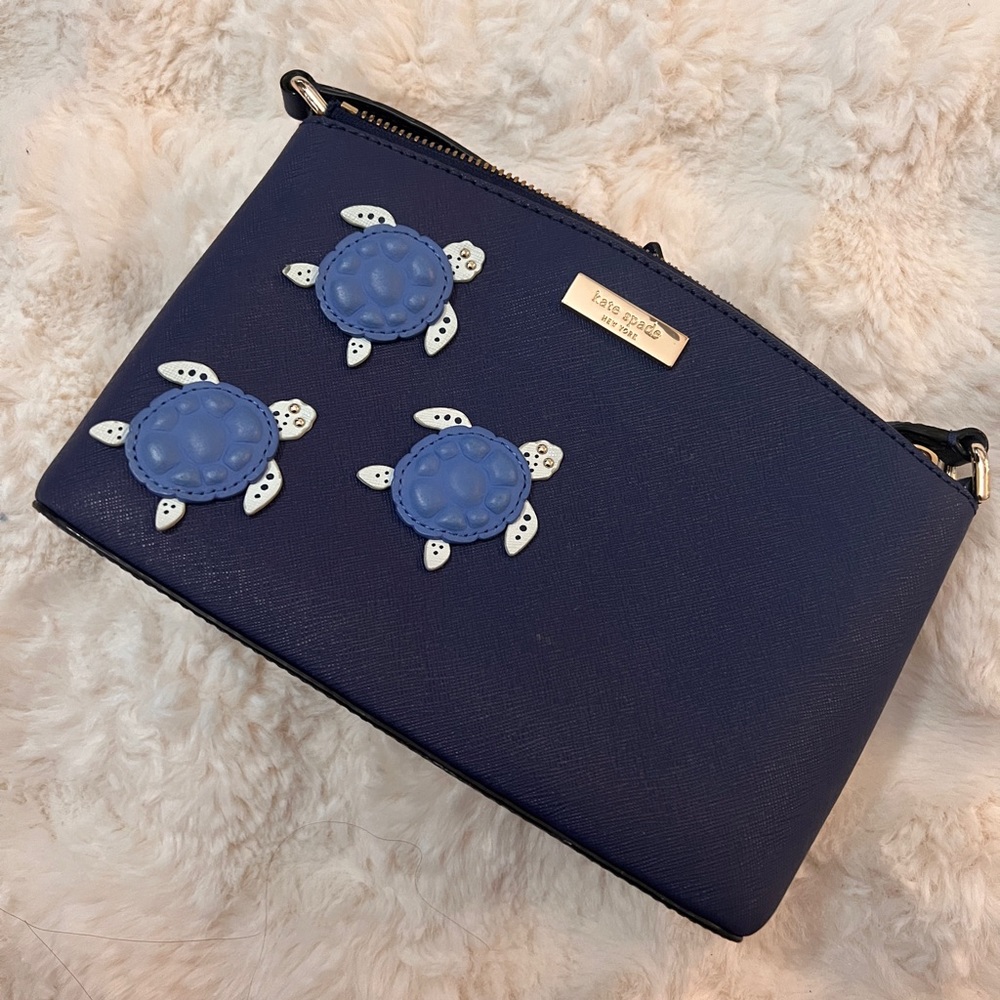 Dark Navy Blue Kate Spade Bag with Strap and Turtles Embellished